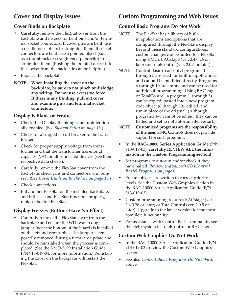 Cover and display issues, Cover binds on backplate, Display is blank or erratic | Display freezes (buttons have no effect), Custom programming and web issues, Control basic programs do not work, Custom web graphics do not work | KMC FLEXSTATTM BAC-10000 User Manual | Page 18 / 28
