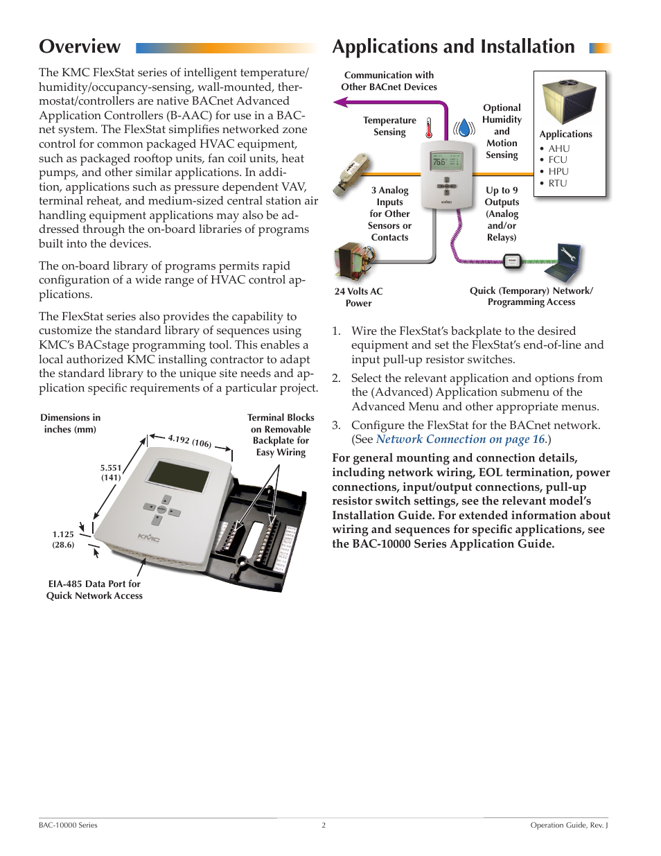Overview, Applications and installation, Overview applications and installation | KMC FLEXSTATTM BAC-10000 User Manual | Page 2 / 28