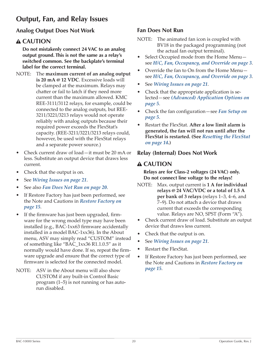 Output, fan, and relay issues, Analog output does not work, Fan does not run | Relay (internal) does not work, Caution | KMC FLEXSTATTM BAC-10000 User Manual | Page 20 / 28