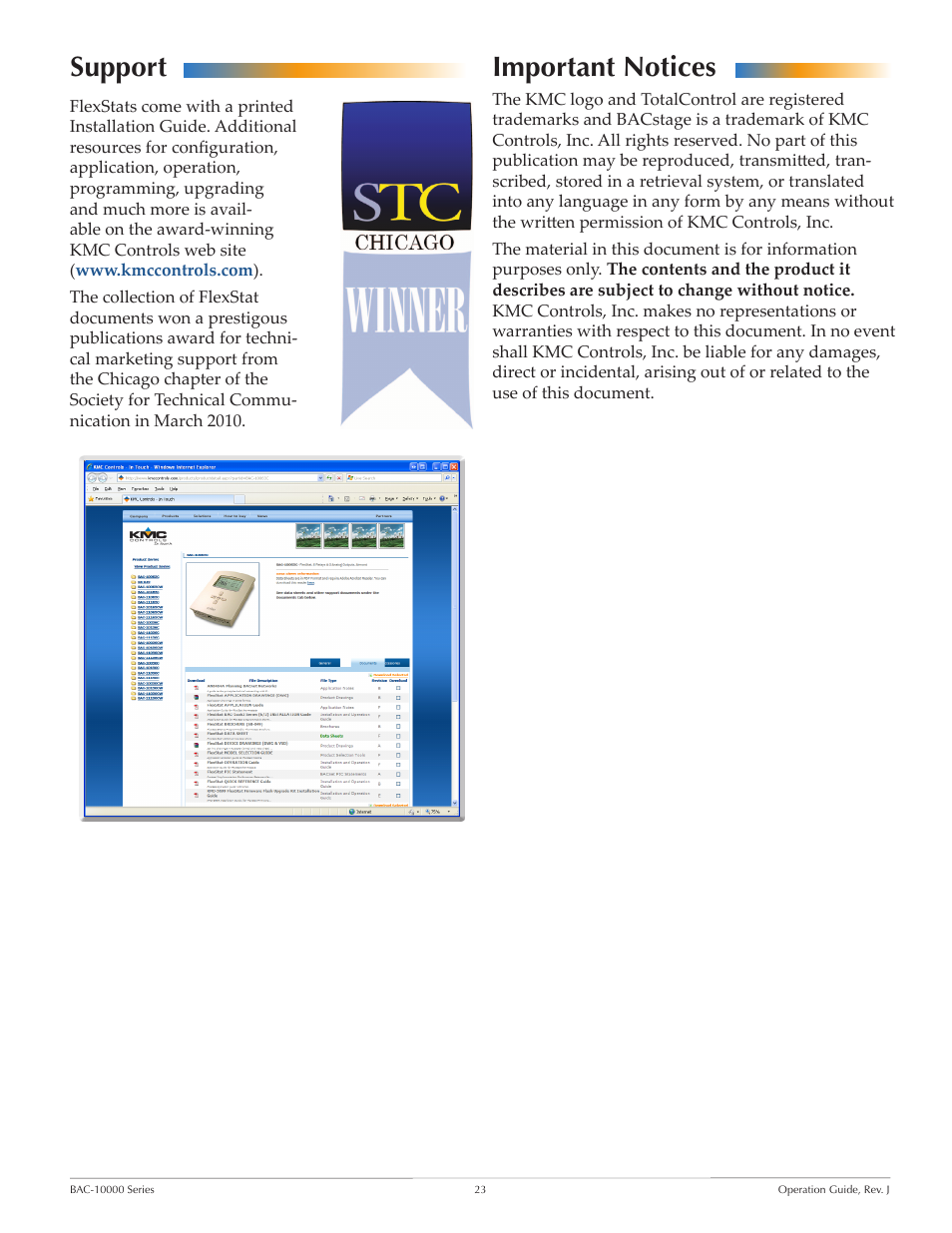 Support, Important notices, Support important notices | KMC FLEXSTATTM BAC-10000 User Manual | Page 23 / 28
