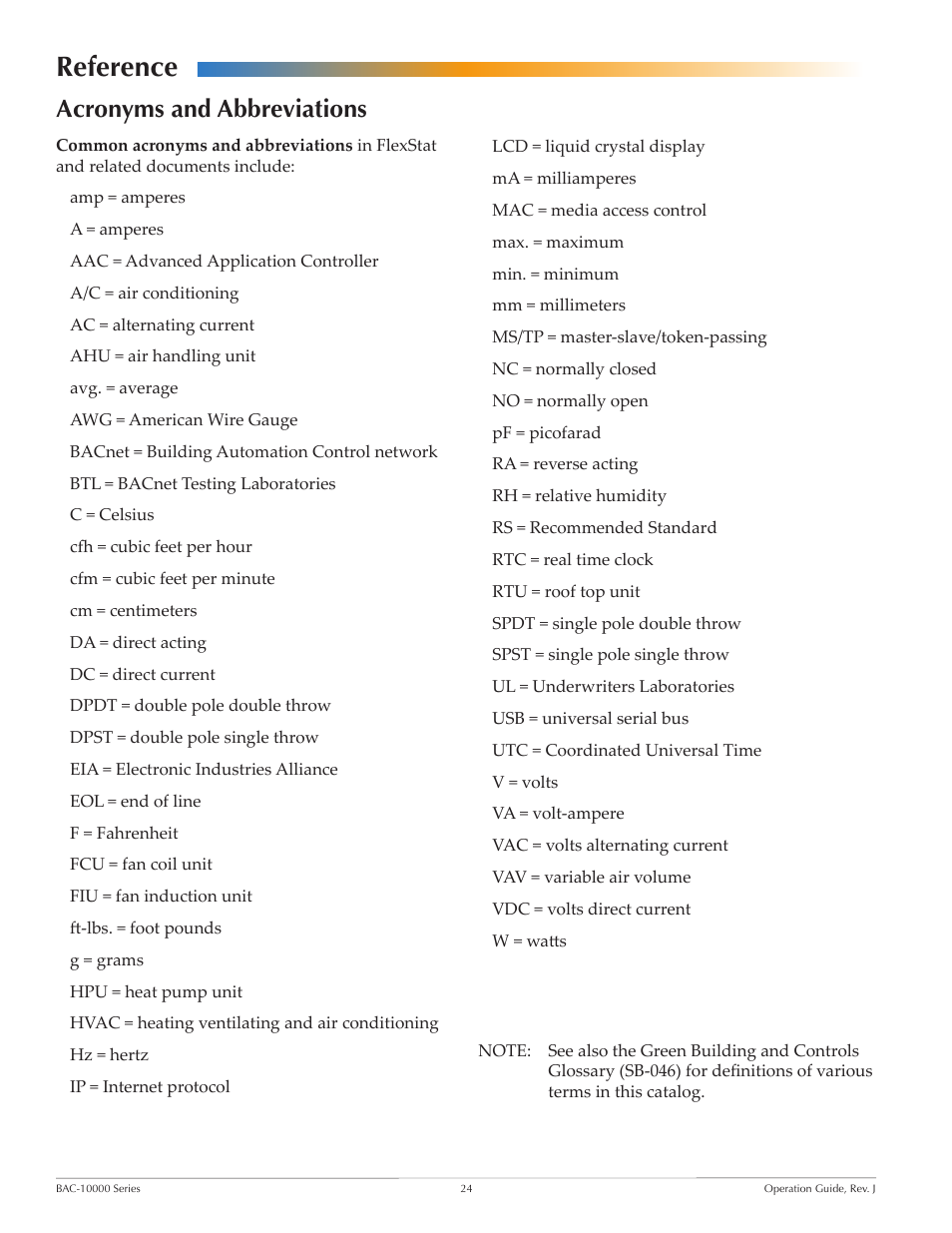 Reference, Acronyms and abbreviations | KMC FLEXSTATTM BAC-10000 User Manual | Page 24 / 28