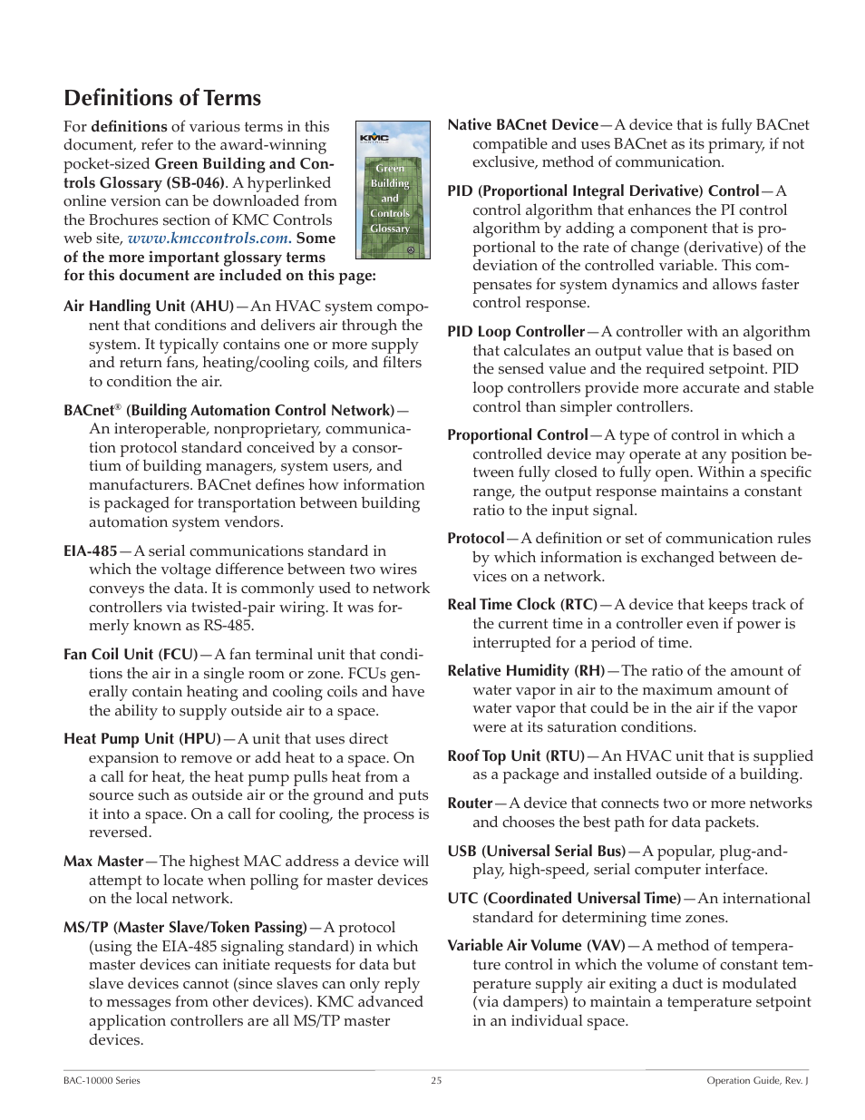Definitions of terms | KMC FLEXSTATTM BAC-10000 User Manual | Page 25 / 28