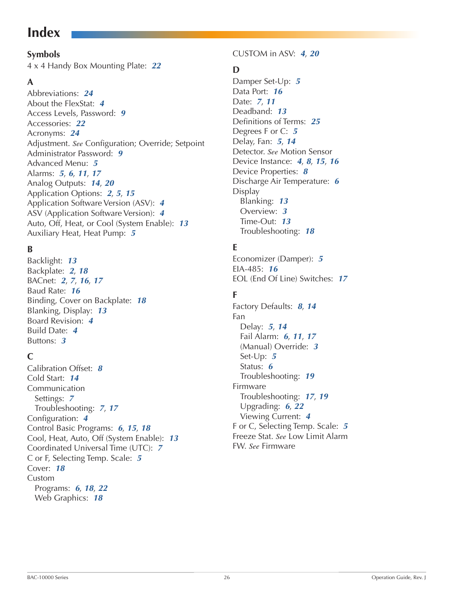 Index | KMC FLEXSTATTM BAC-10000 User Manual | Page 26 / 28