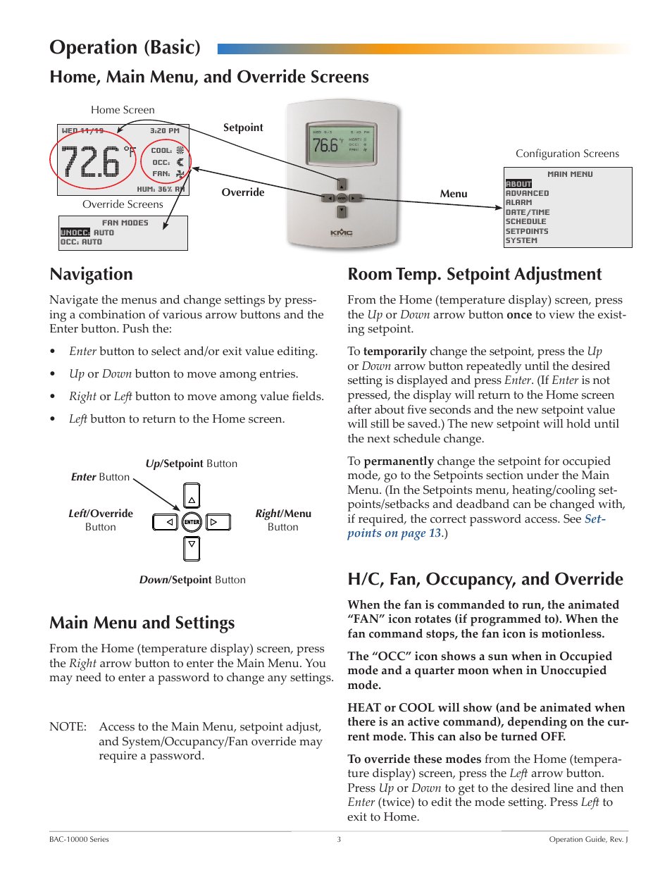 Operation (basic), Home, main menu, and override screens, Navigation | Main menu and settings, Room temp. setpoint adjustment, H/c, fan, occupancy, and override | KMC FLEXSTATTM BAC-10000 User Manual | Page 3 / 28