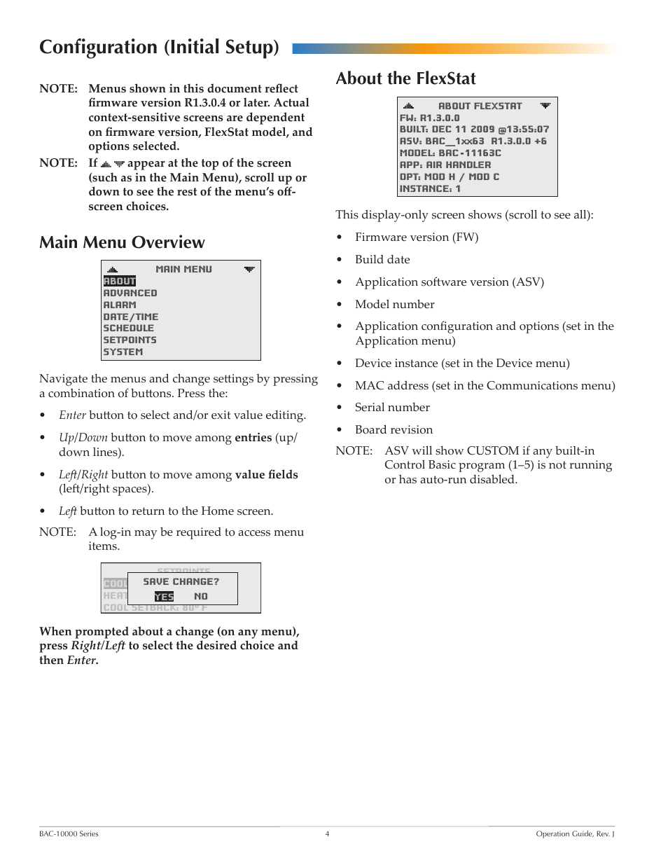 Configuration (initial setup), Main menu overview, About the flexstat | Main menu overview about the flexstat | KMC FLEXSTATTM BAC-10000 User Manual | Page 4 / 28