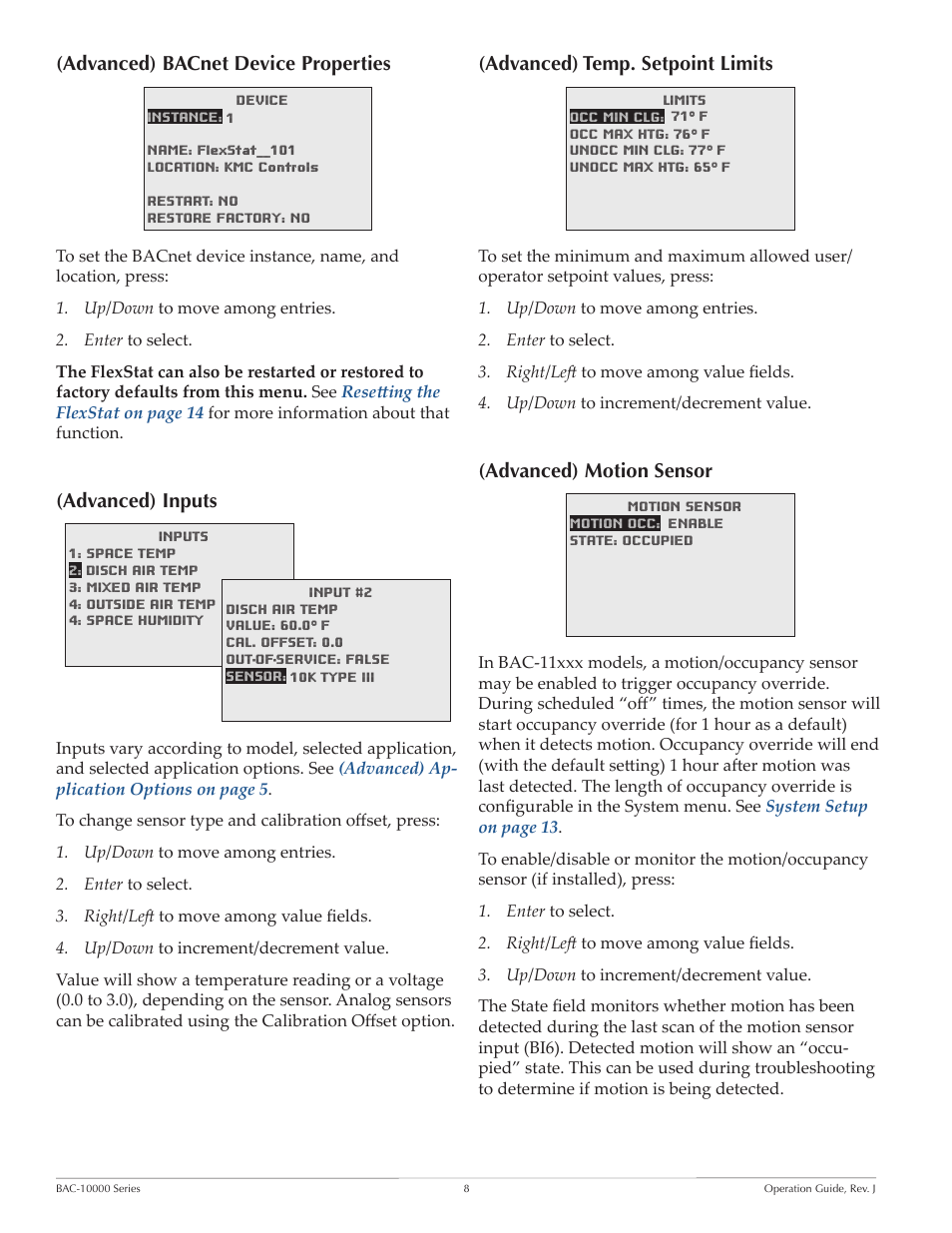 Advanced) bacnet device properties, Advanced) inputs, Advanced) temp. setpoint limits | Advanced) motion sensor, Ype ii. see, Advanced) | KMC FLEXSTATTM BAC-10000 User Manual | Page 8 / 28