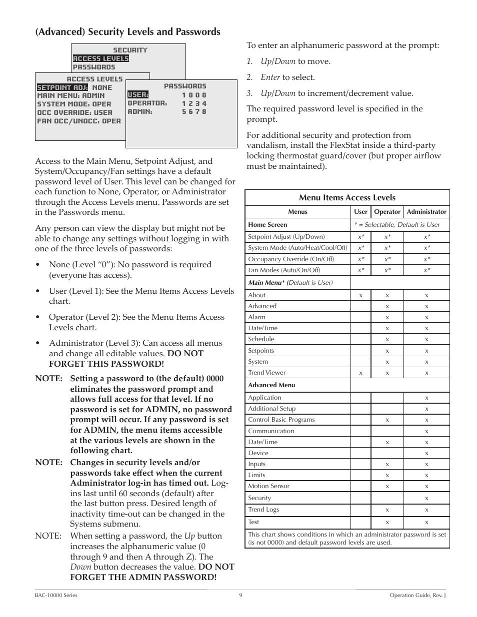 Advanced) security levels and passwords | KMC FLEXSTATTM BAC-10000 User Manual | Page 9 / 28