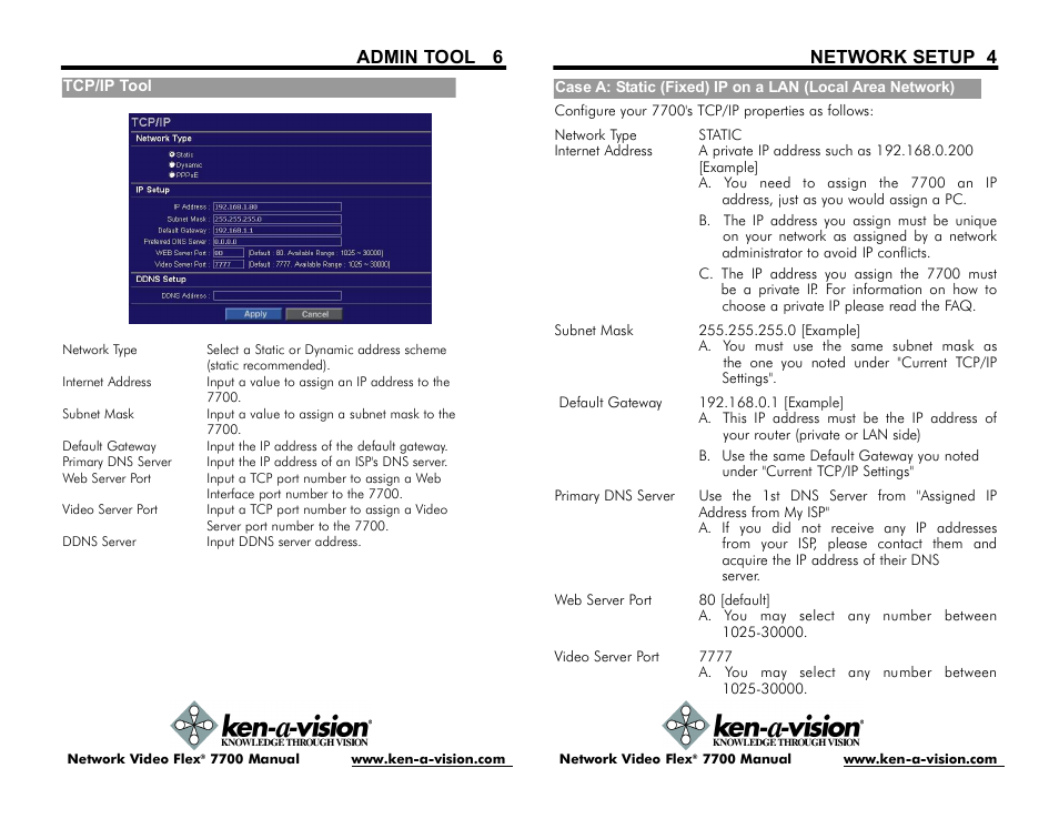 Network setup 4, Admin tool 6 | Ken-A-Vision 7700 User Manual | Page 11 / 14