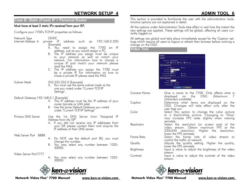 Network setup 4, Admin tool 6 | Ken-A-Vision 7700 User Manual | Page 12 / 14