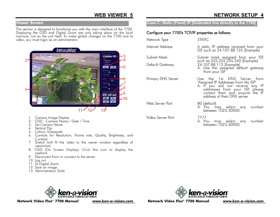 Web viewer 5, Network setup 4 | Ken-A-Vision 7700 User Manual | Page 13 / 14