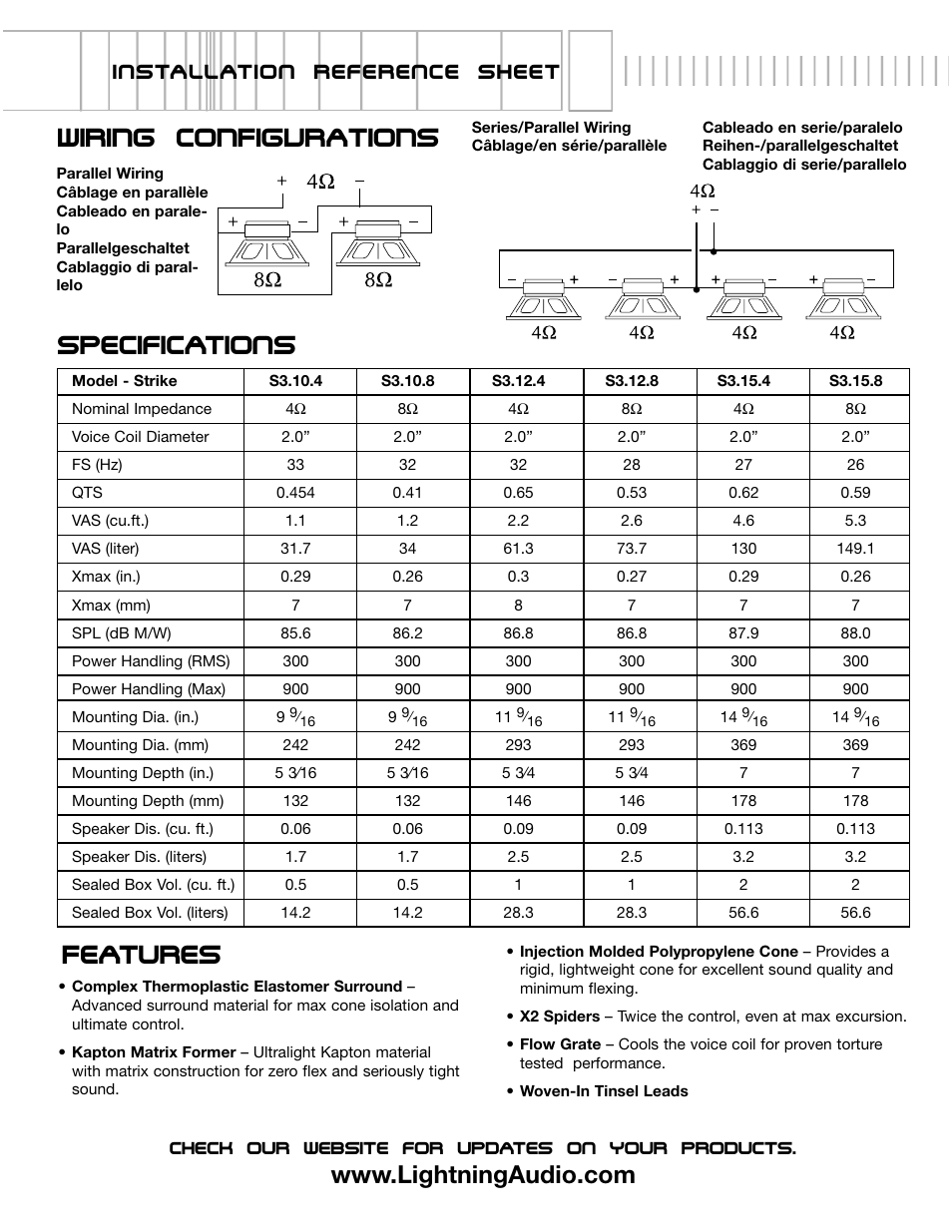 Specifications wiring configurations features, Installation reference sheet | Lightning Audio S3.12.4 User Manual | Page 3 / 4