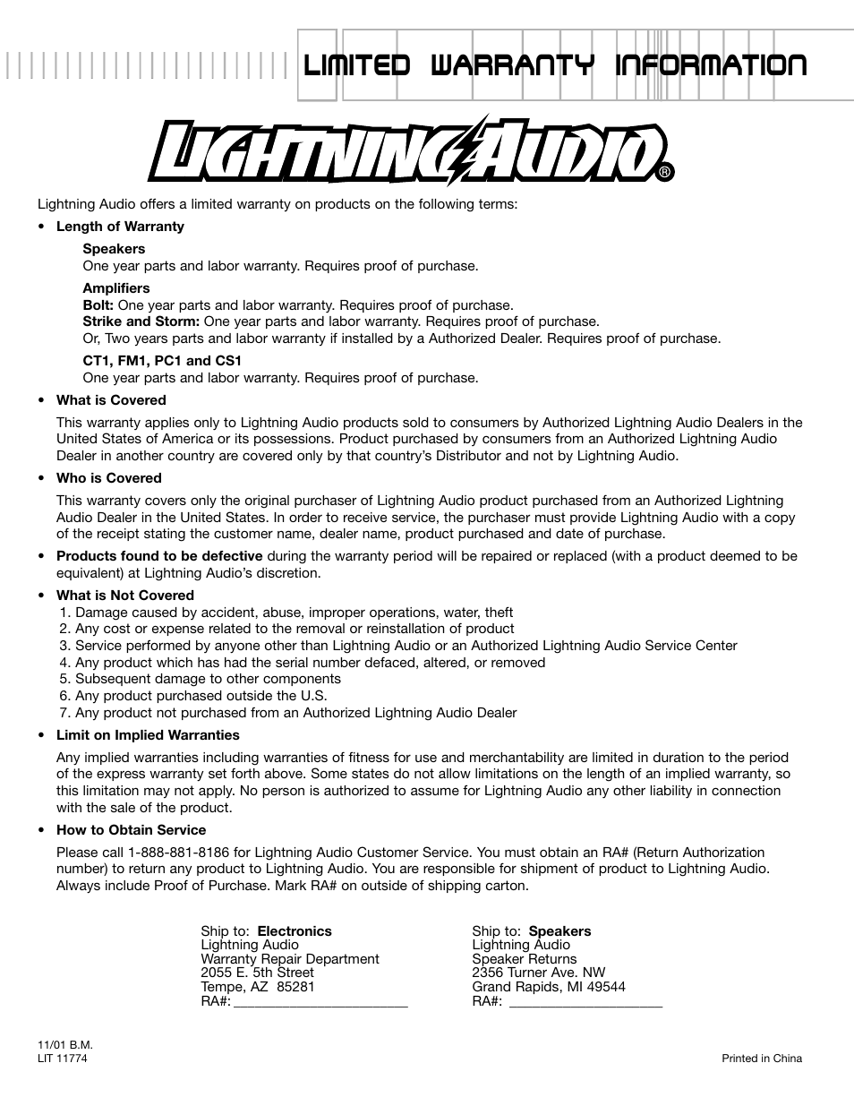 Limited warranty information | Lightning Audio S3.12.4 User Manual | Page 4 / 4