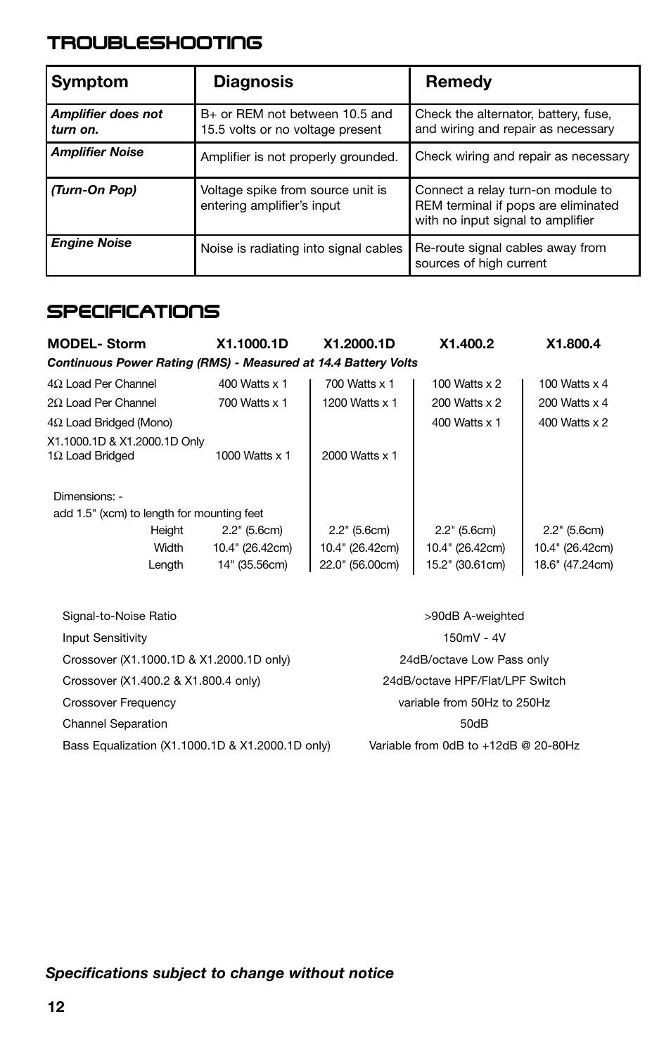 Specifications, Troubleshooting, Symptom diagnosis remedy | Specifications subject to change without notice | Lightning Audio X1.400.2 User Manual | Page 12 / 64