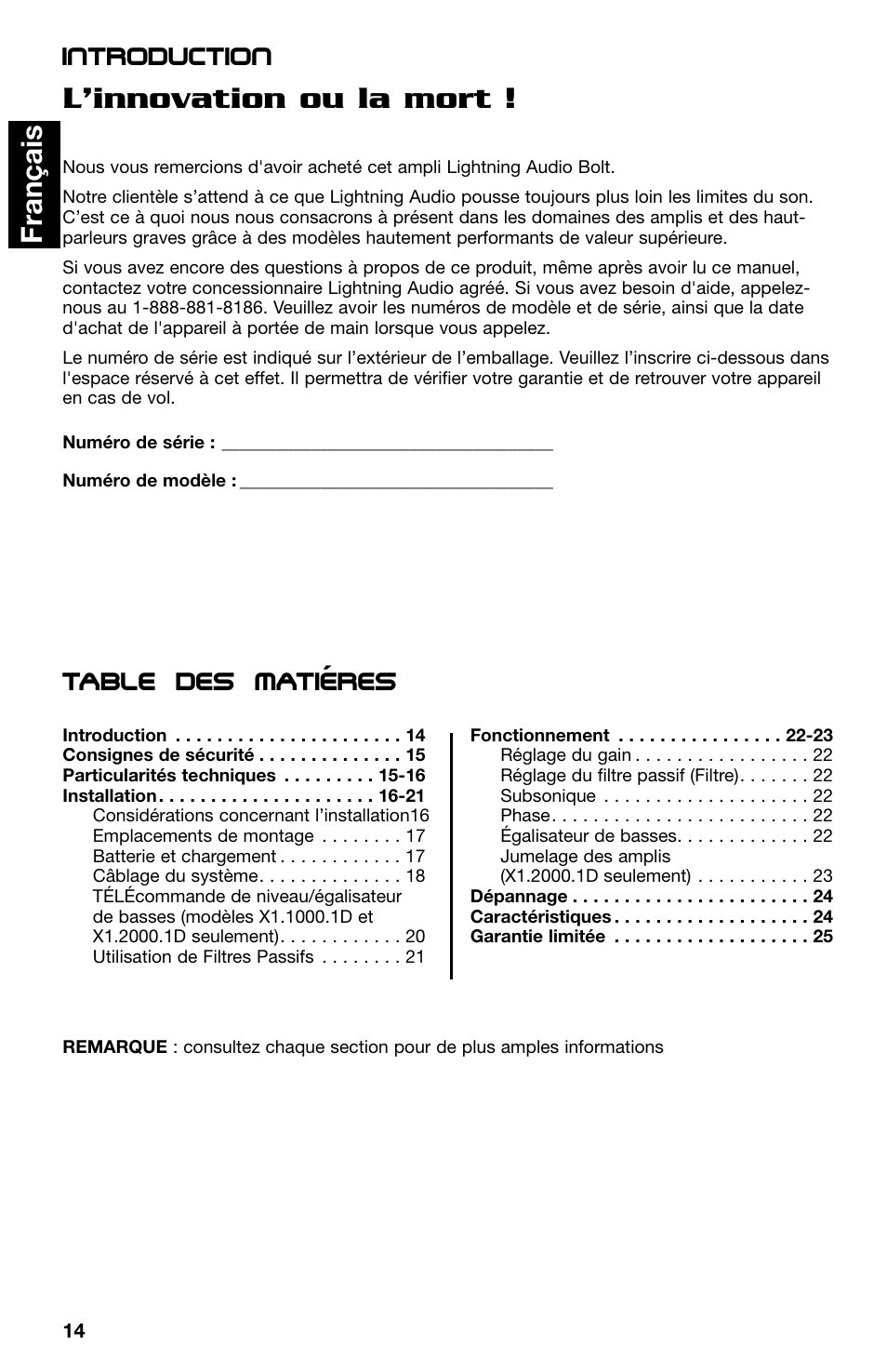 L’innovation ou la mort, Fran ç ais, Introduction table des matieres | Lightning Audio X1.400.2 User Manual | Page 14 / 64
