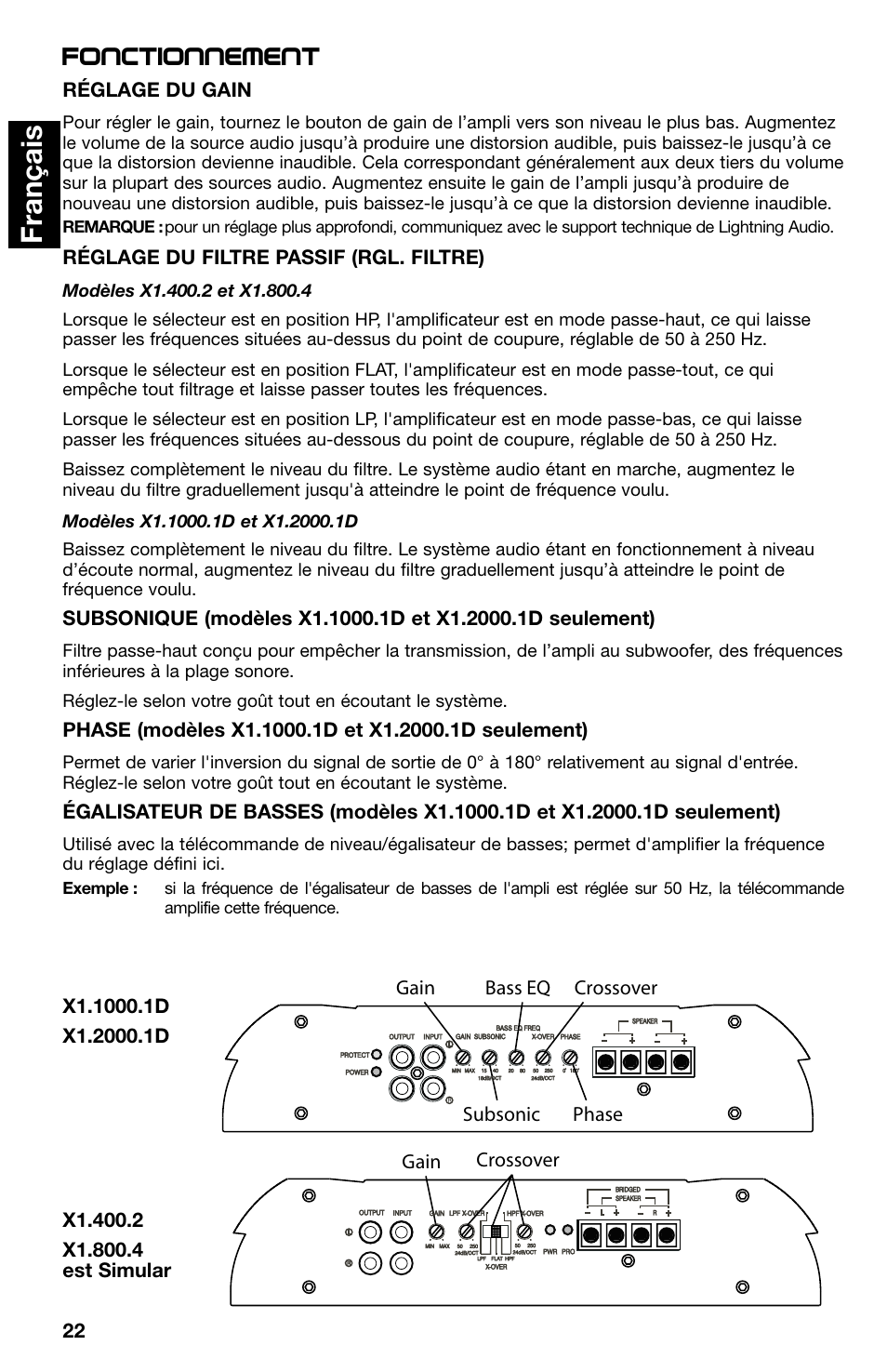 Fran ç ais, Fonctionnement | Lightning Audio X1.400.2 User Manual | Page 22 / 64
