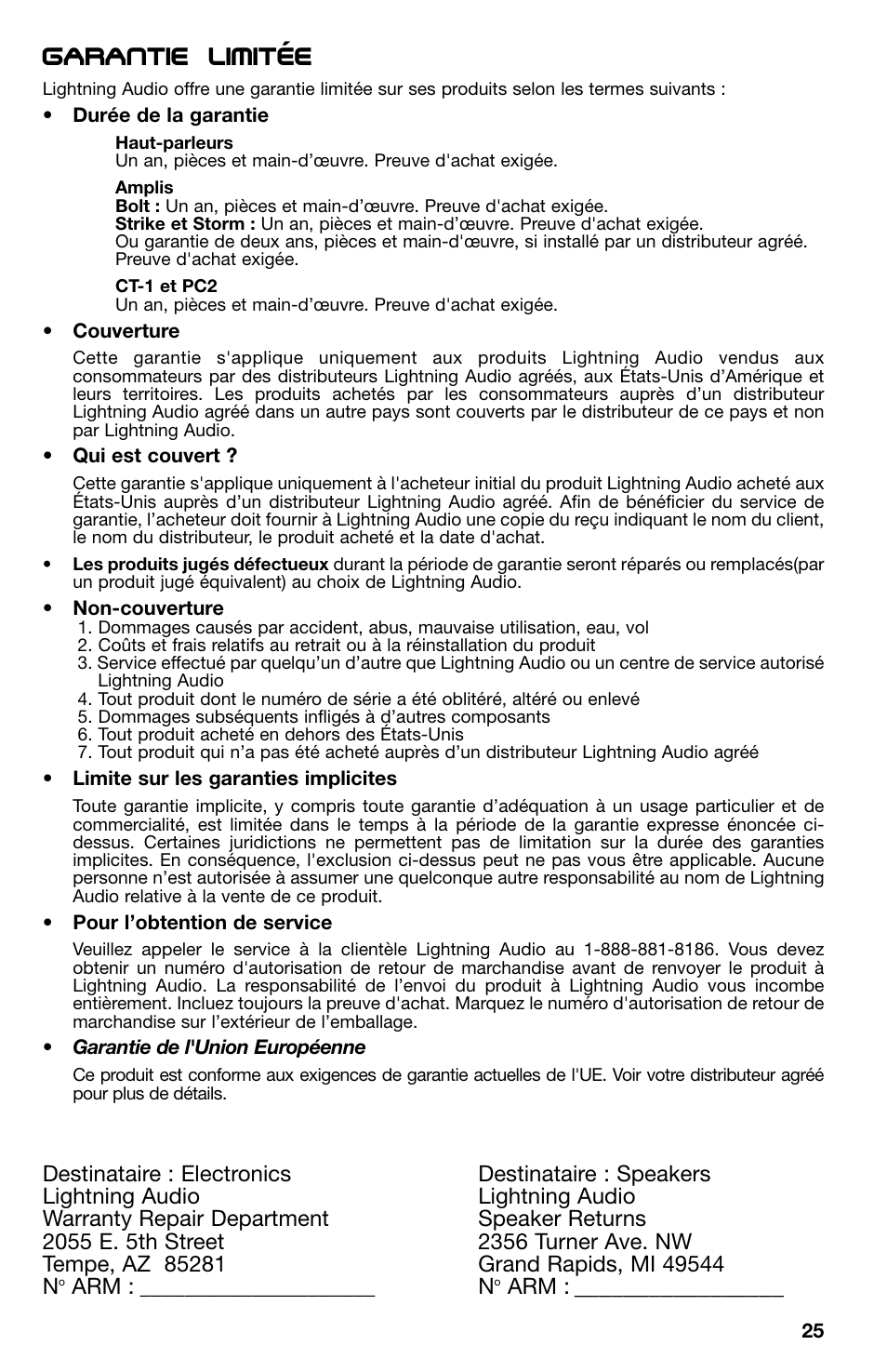 Garantie limitee | Lightning Audio X1.400.2 User Manual | Page 25 / 64