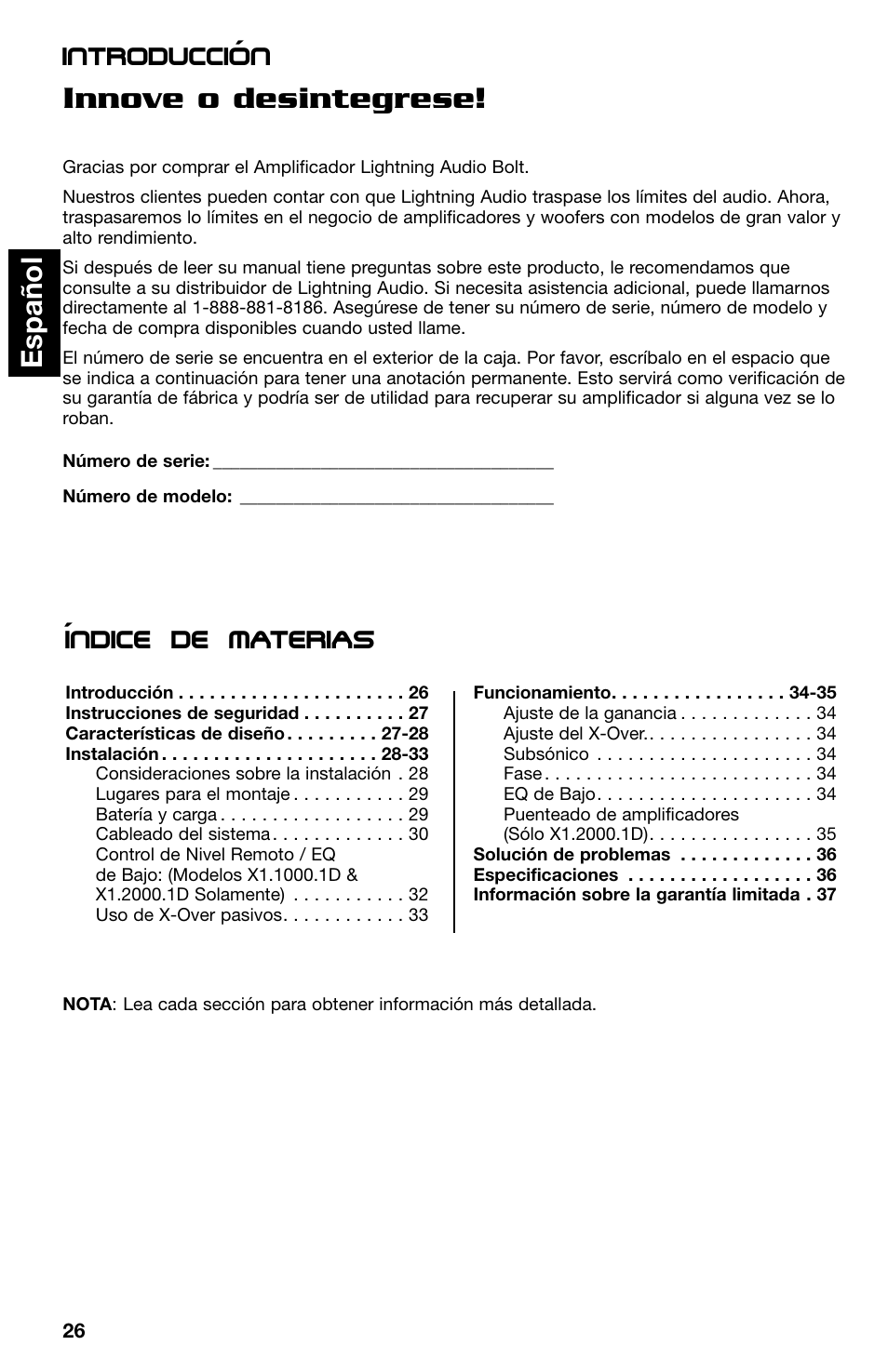 Innove o desintegrese, Espa ñ ol, Introduccion indice de materias | Lightning Audio X1.400.2 User Manual | Page 26 / 64