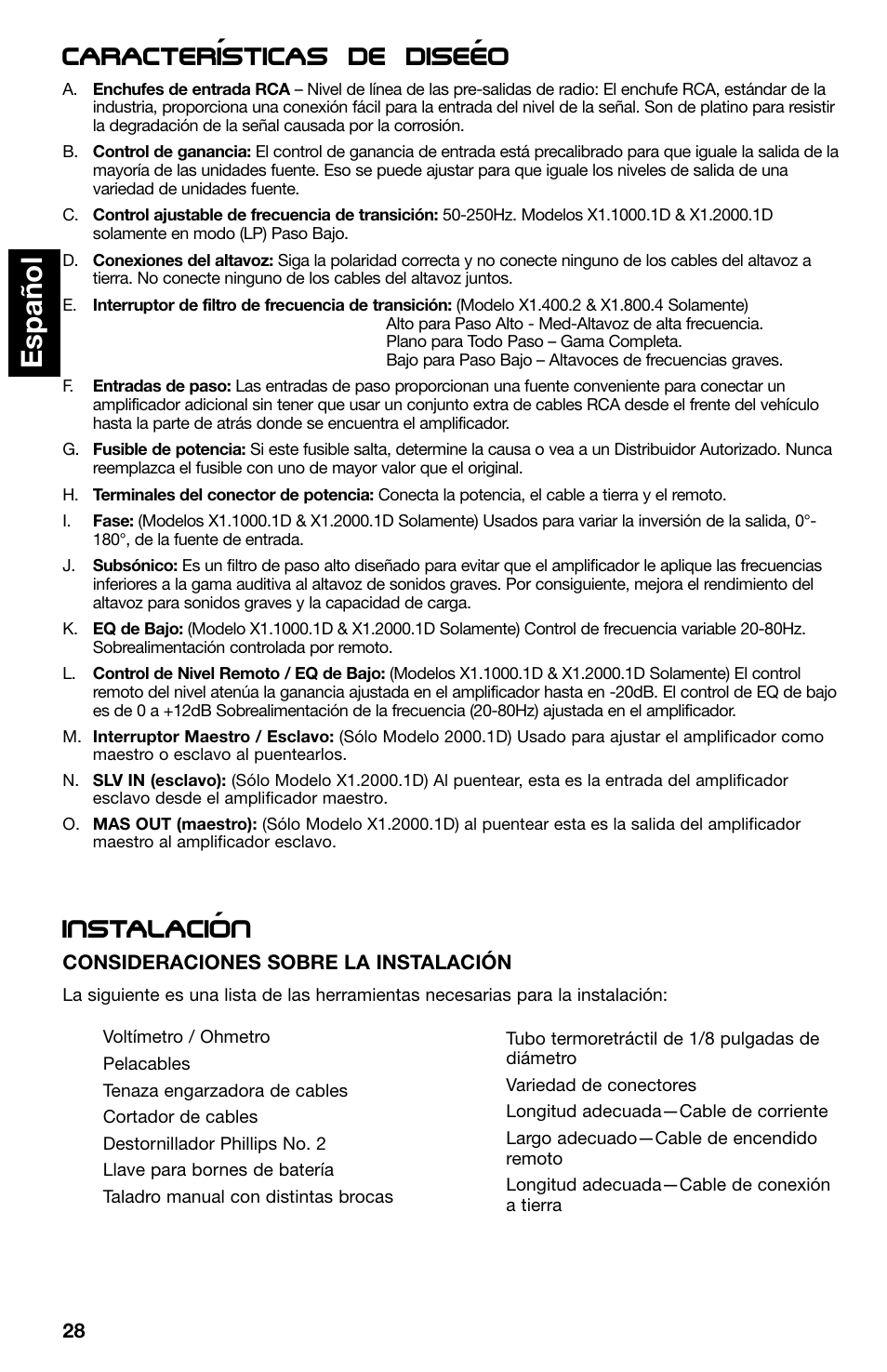 Espa ñ ol, Instalacion, Caracteristicas de diseeo | Lightning Audio X1.400.2 User Manual | Page 28 / 64