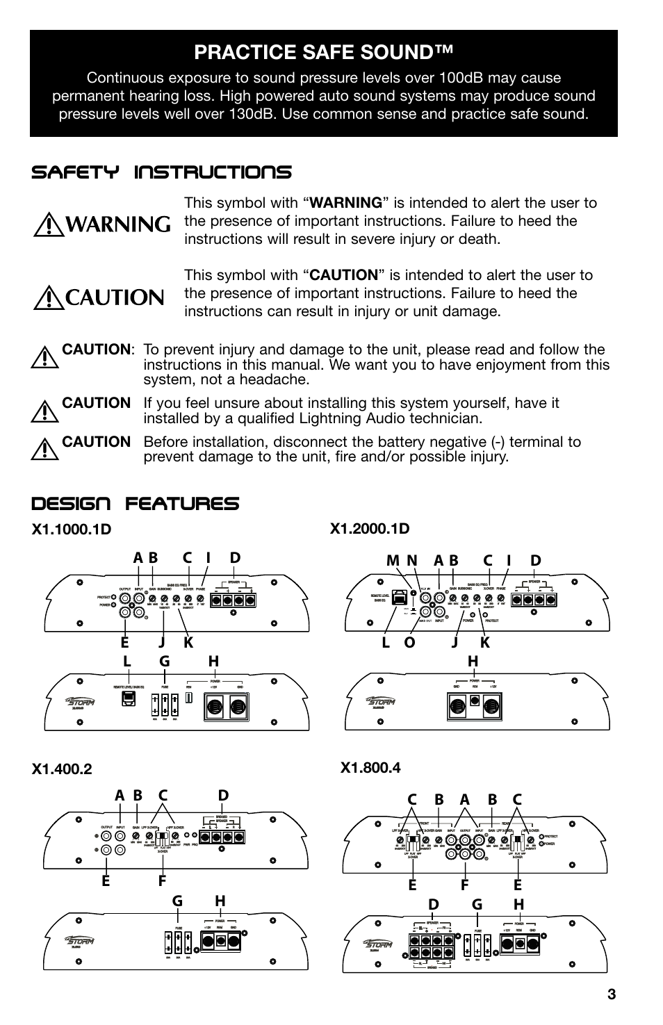 Safety instructions design features, Practice safe sound | Lightning Audio X1.400.2 User Manual | Page 3 / 64