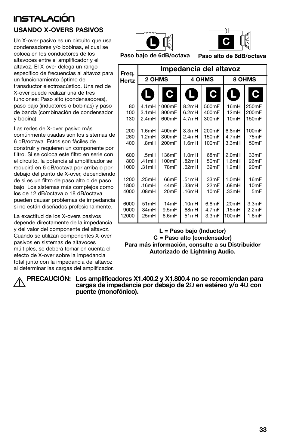 Lc c c, Instalacion, Impedancia del altavoz | Lightning Audio X1.400.2 User Manual | Page 33 / 64