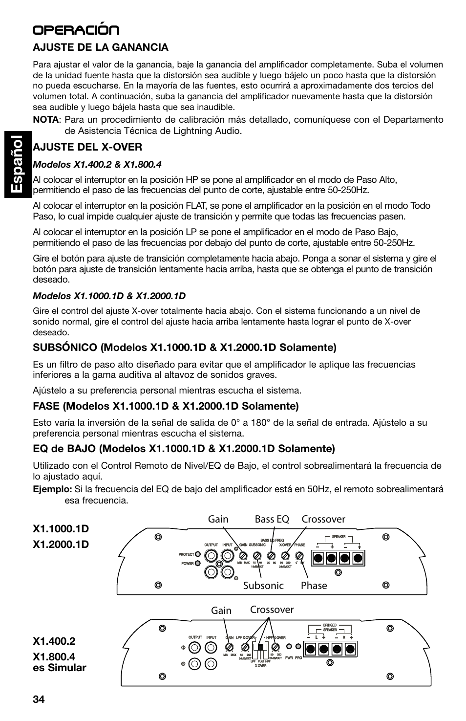 Espa ñ ol, Operacion | Lightning Audio X1.400.2 User Manual | Page 34 / 64