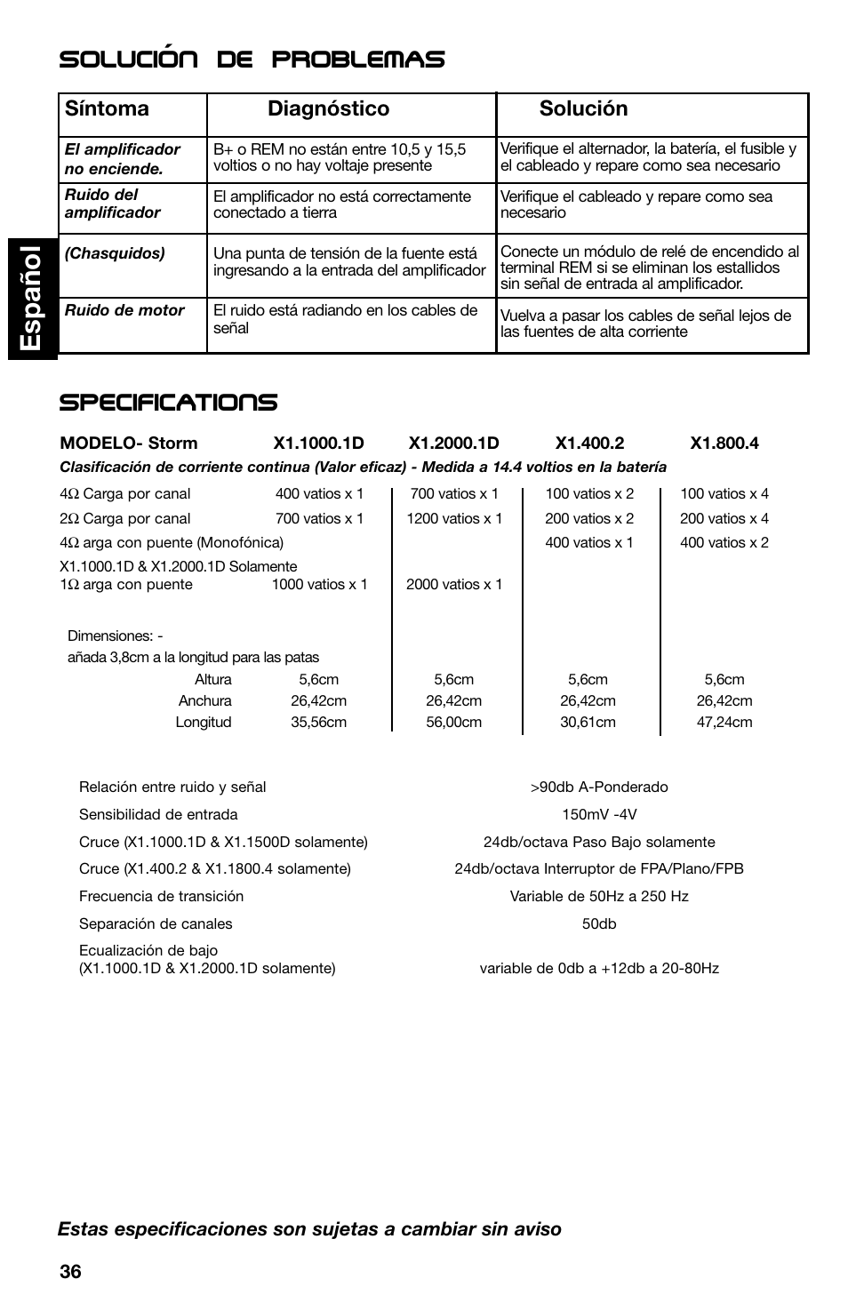 Espa ñ ol, Specifications, Solucion de problemas | Síntoma diagnóstico solución | Lightning Audio X1.400.2 User Manual | Page 36 / 64
