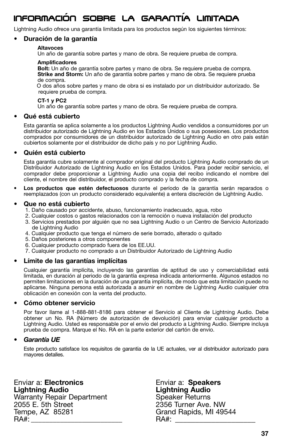 Informacion sobre la garantia limitada | Lightning Audio X1.400.2 User Manual | Page 37 / 64