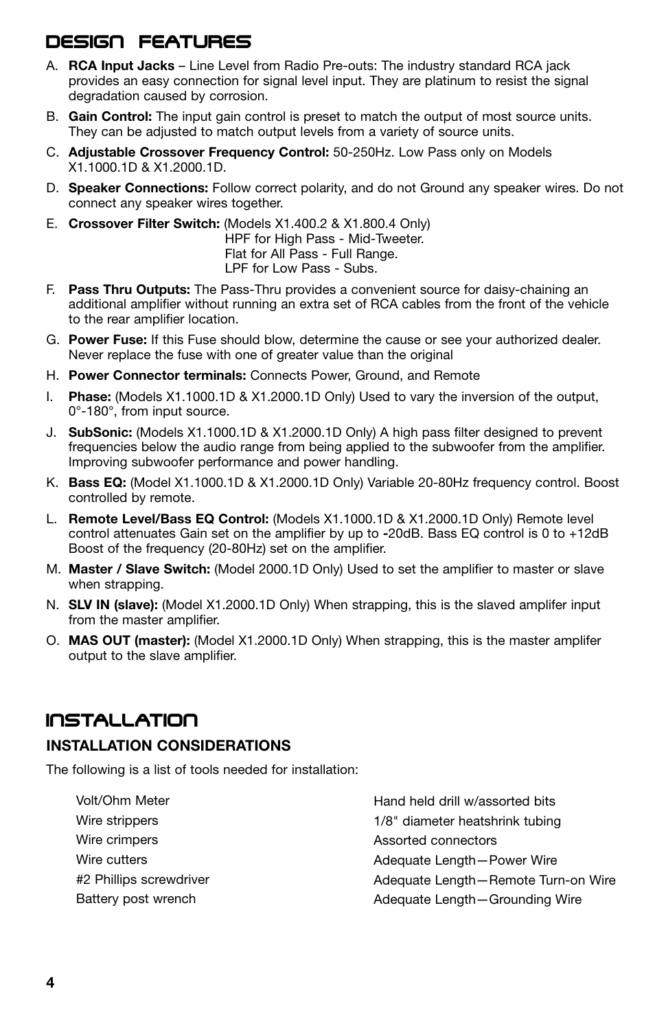 Design features installation | Lightning Audio X1.400.2 User Manual | Page 4 / 64