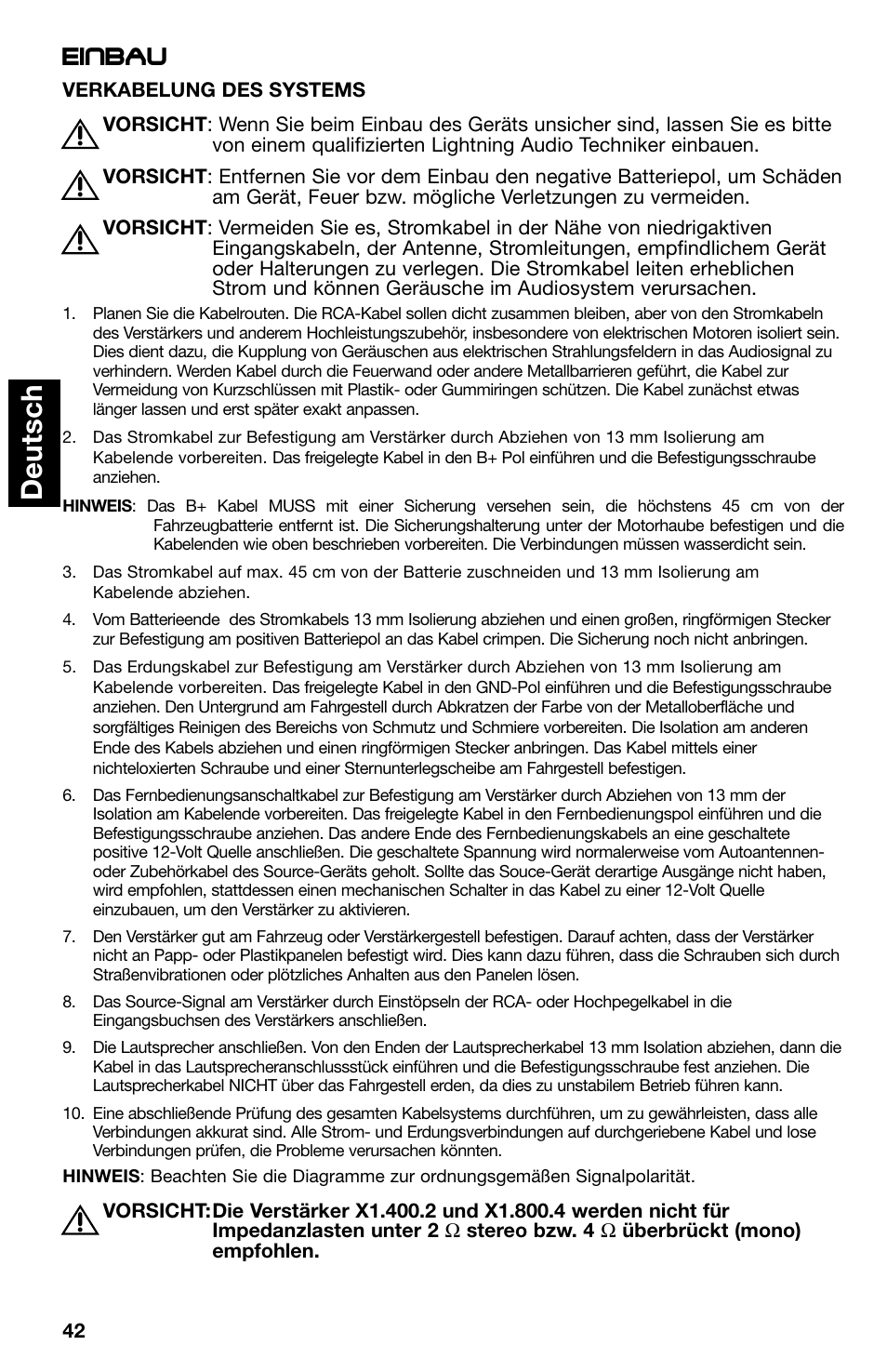 Deutsch, Einbau | Lightning Audio X1.400.2 User Manual | Page 42 / 64
