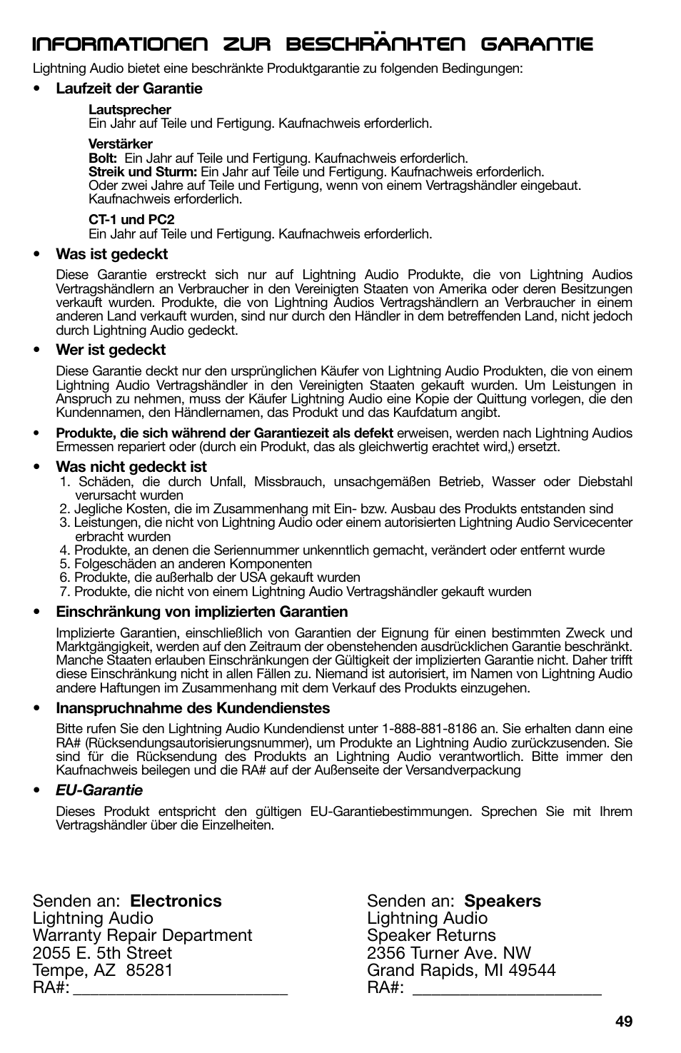 Informationen zur beschrankten garantie | Lightning Audio X1.400.2 User Manual | Page 49 / 64