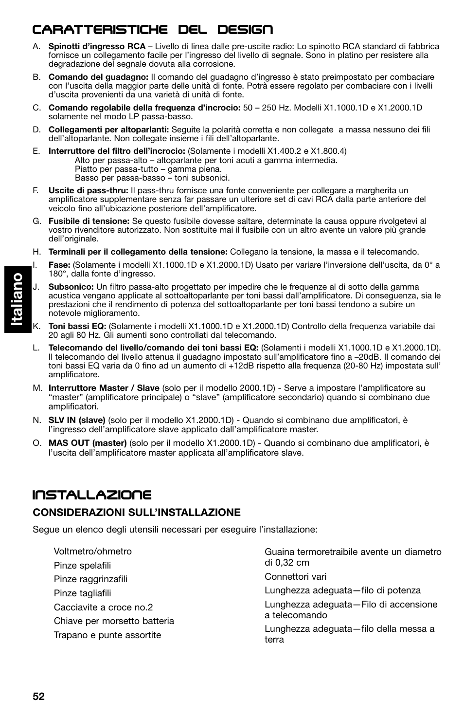 Italiano, Caratteristiche del design installazione | Lightning Audio X1.400.2 User Manual | Page 52 / 64