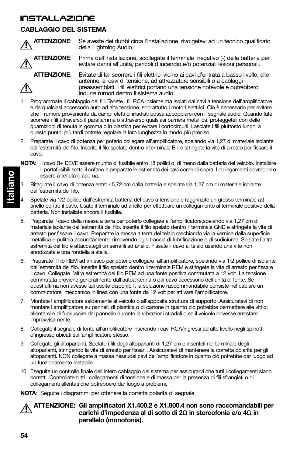 Italiano, Installazione | Lightning Audio X1.400.2 User Manual | Page 54 / 64