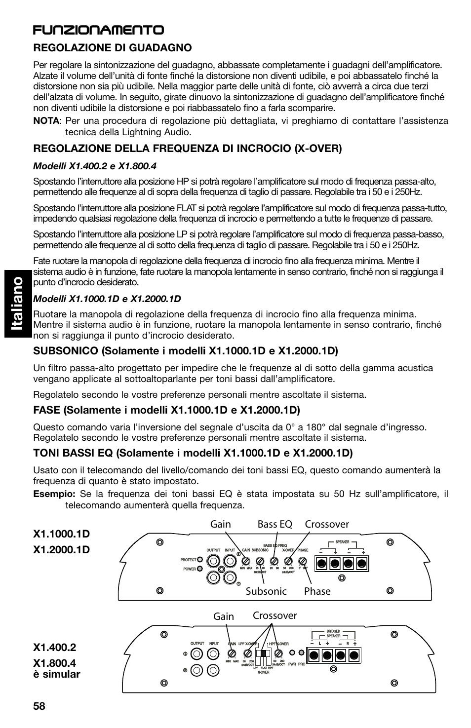 Italiano, Funzionamento | Lightning Audio X1.400.2 User Manual | Page 58 / 64