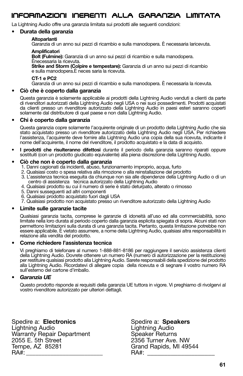 Informazioni inerenti alla garanzia limitata | Lightning Audio X1.400.2 User Manual | Page 61 / 64