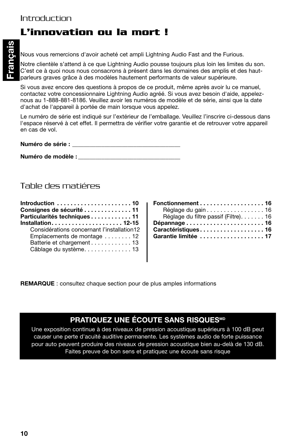 L’innovation ou la mort, Fran ç ais, Introduction table des matiéres | Lightning Audio FF150.2 User Manual | Page 10 / 44