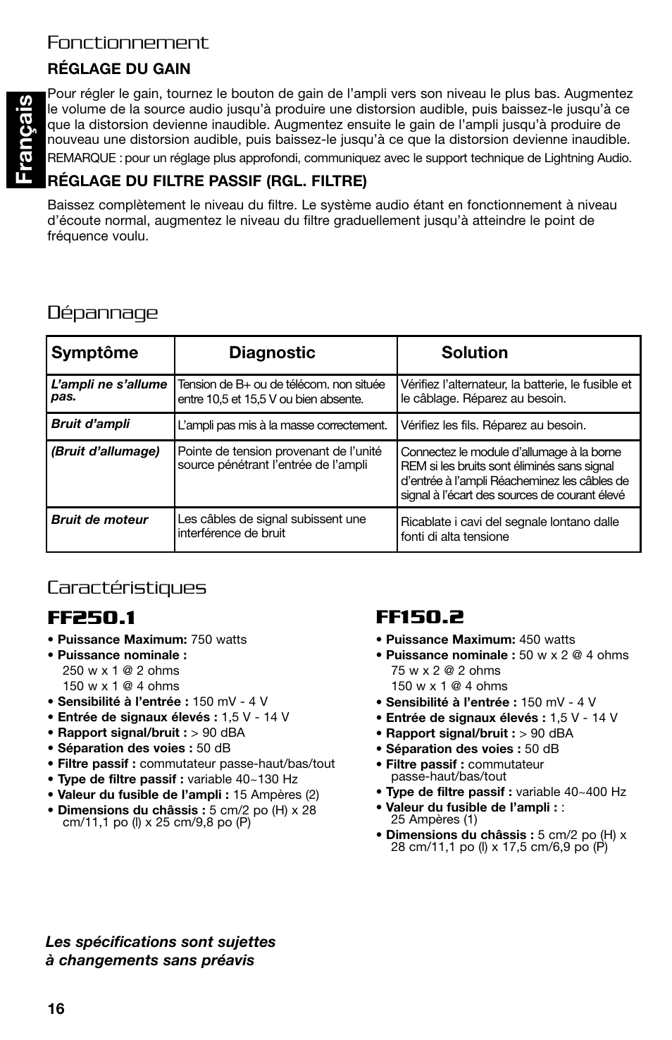 Fran ç ais, Dépannage fonctionnement, Caractéristiques | Lightning Audio FF150.2 User Manual | Page 16 / 44