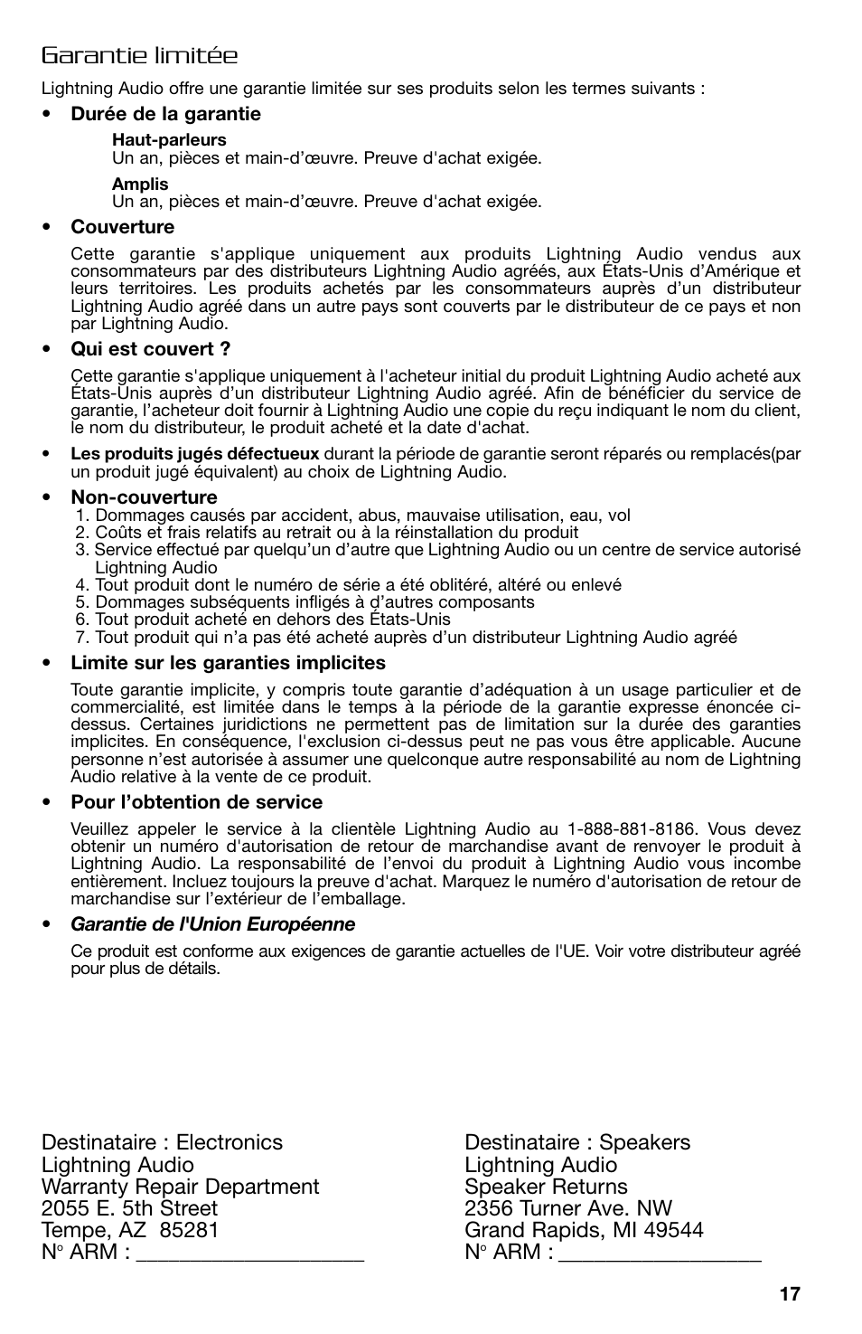 Garantie limitée | Lightning Audio FF150.2 User Manual | Page 17 / 44