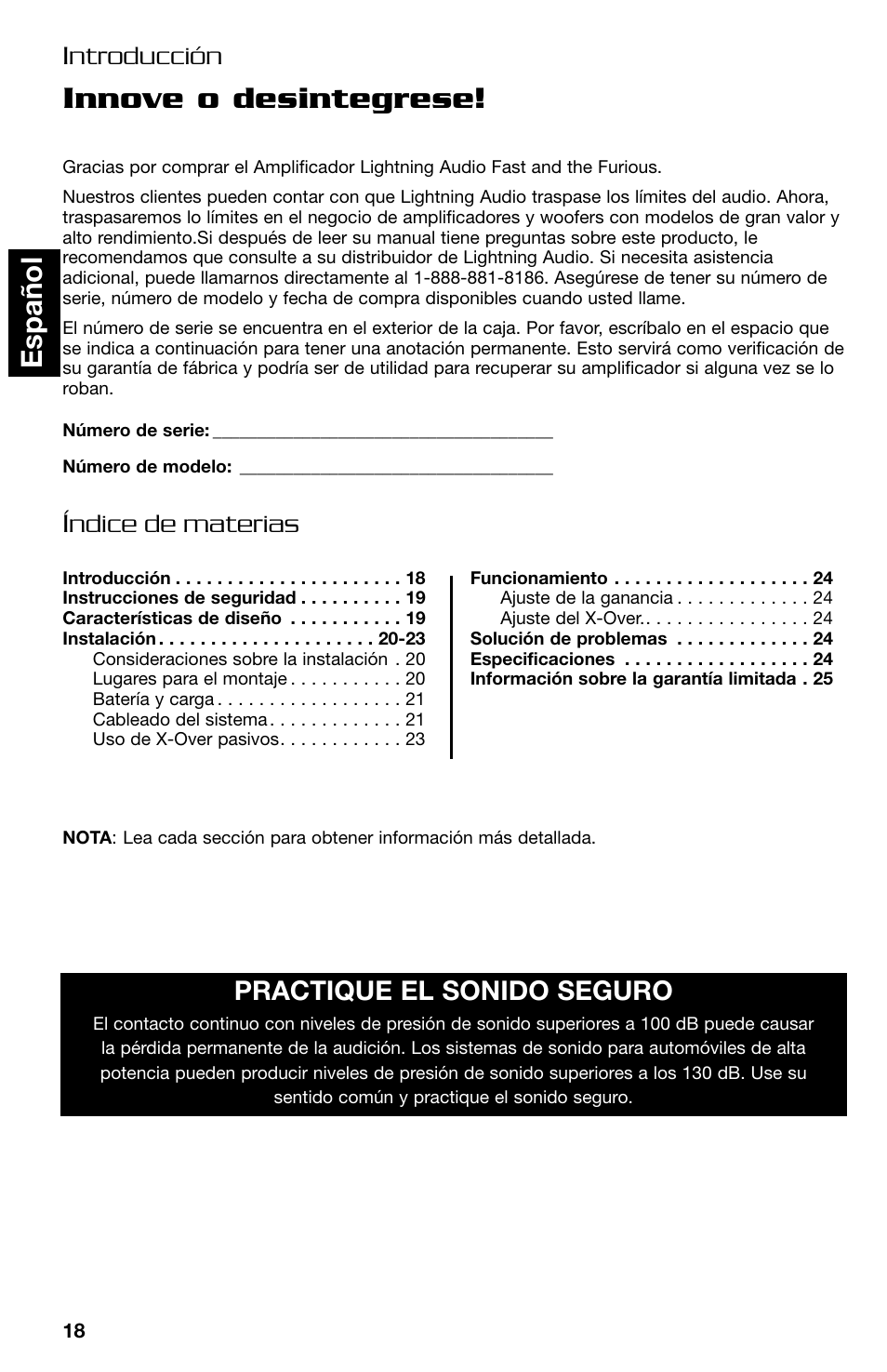 Innove o desintegrese, Espa ñ ol | Lightning Audio FF150.2 User Manual | Page 18 / 44