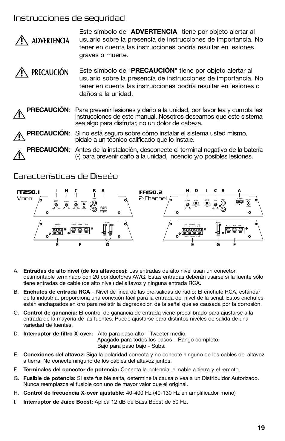 Instrucciones de seguridad, Características de diseéo | Lightning Audio FF150.2 User Manual | Page 19 / 44