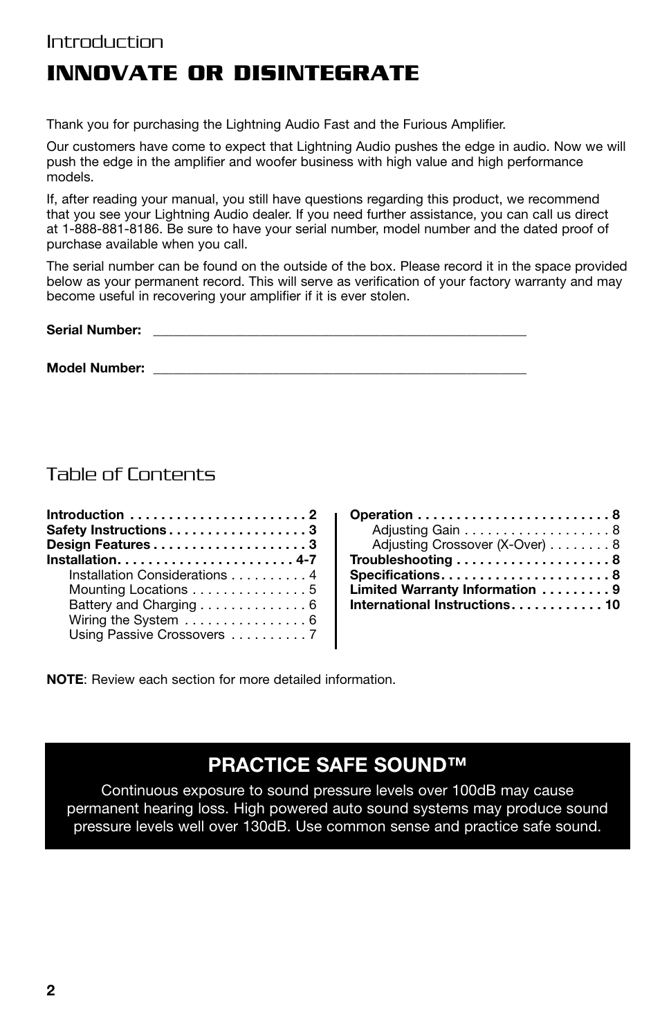 Innovate or disintegrate, Introduction table of contents, Practice safe sound | Lightning Audio FF150.2 User Manual | Page 2 / 44