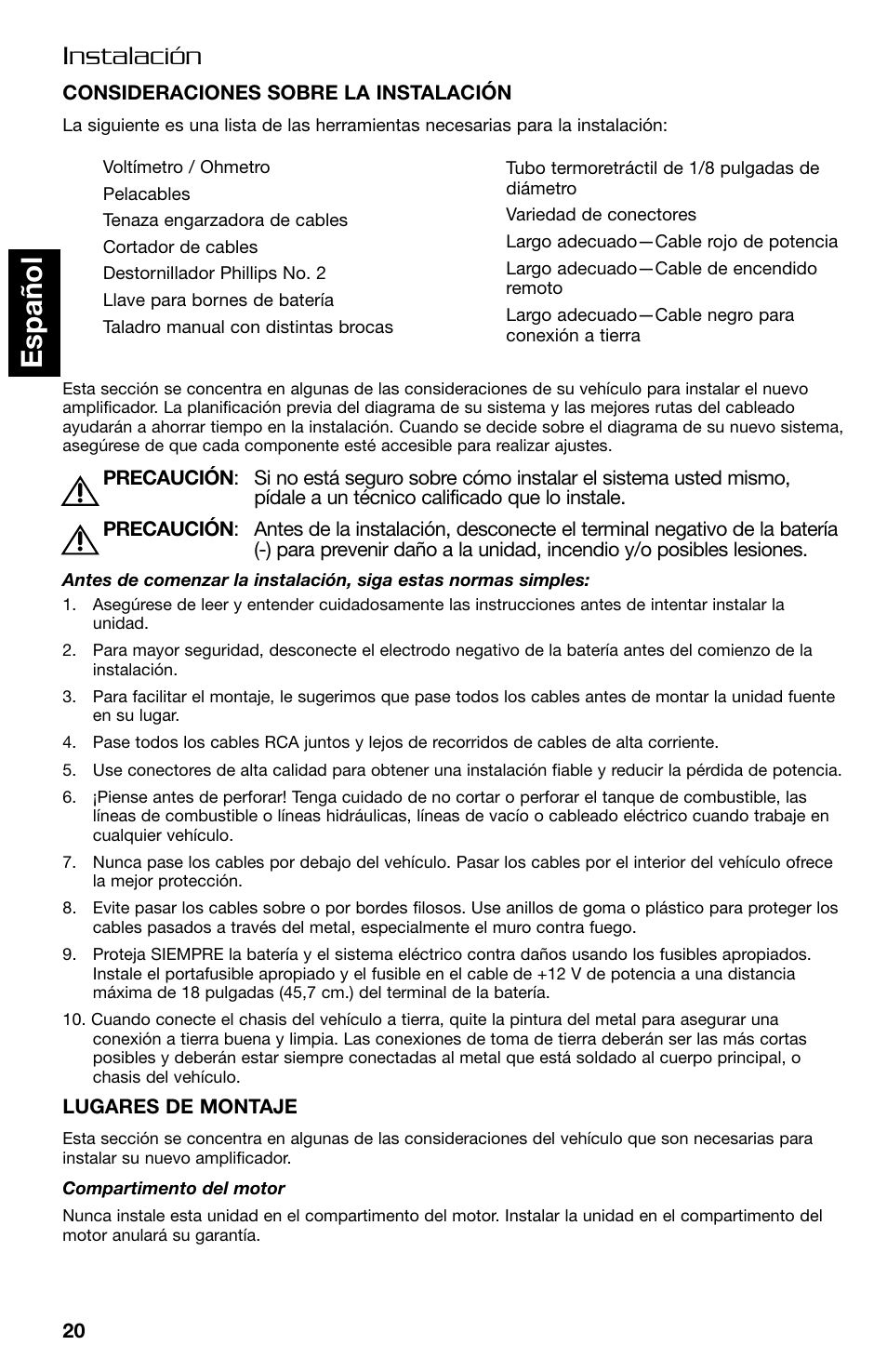 Espa ñ ol, Instalación | Lightning Audio FF150.2 User Manual | Page 20 / 44