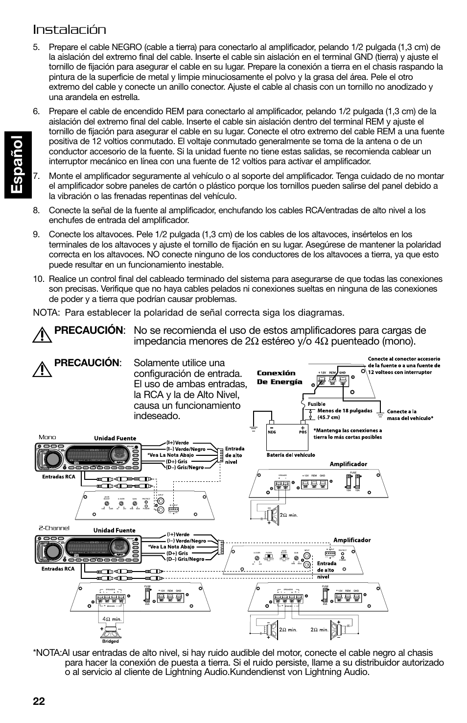 Espa ñ ol, Instalación | Lightning Audio FF150.2 User Manual | Page 22 / 44