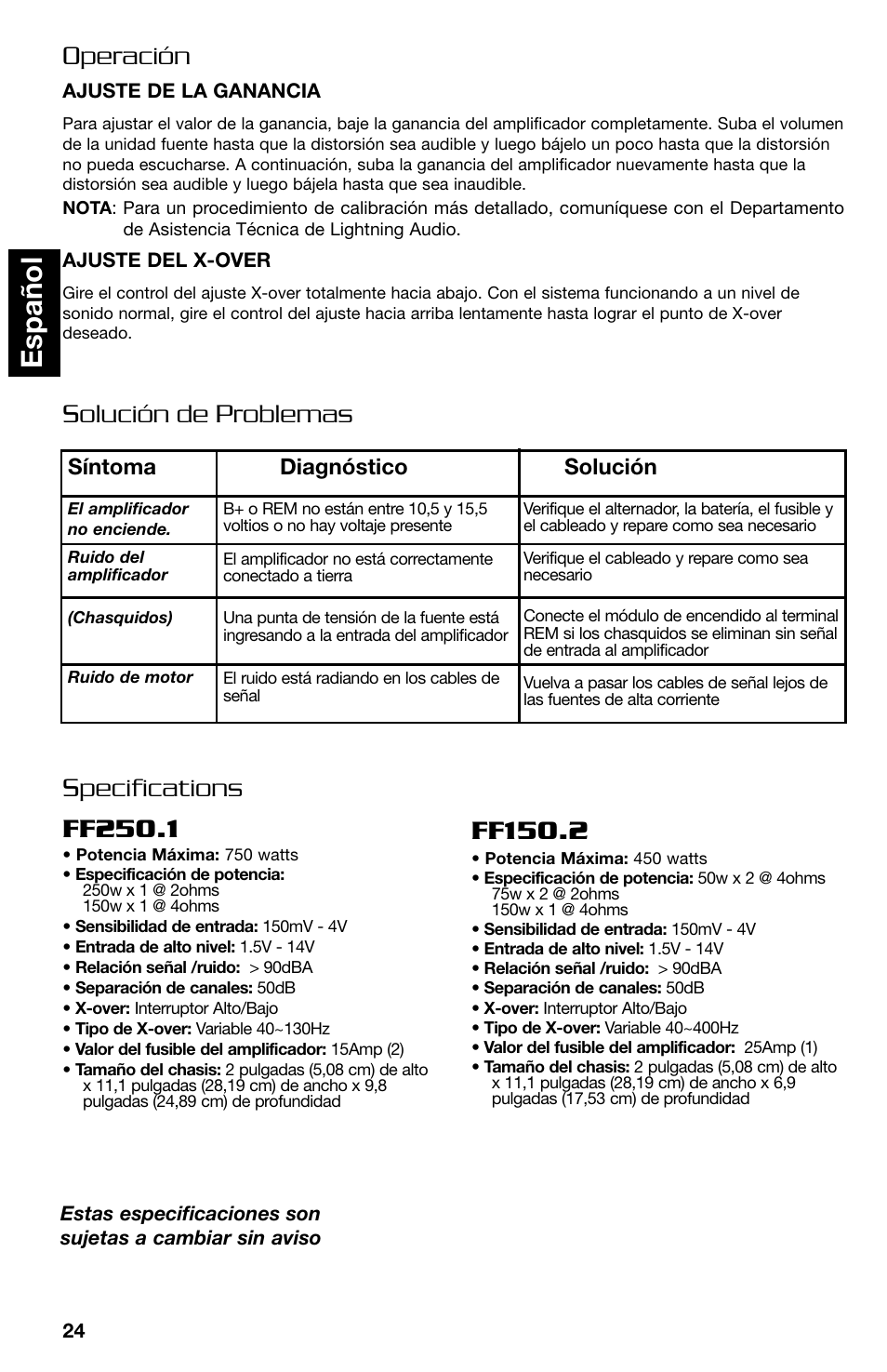 Espa ñ ol, Solución de problemas operación | Lightning Audio FF150.2 User Manual | Page 24 / 44