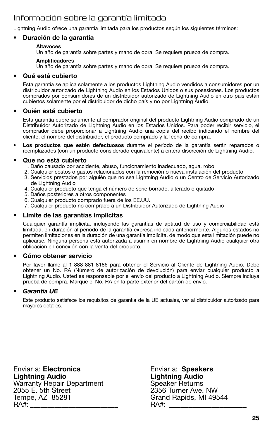 Información sobre la garantía limitada | Lightning Audio FF150.2 User Manual | Page 25 / 44