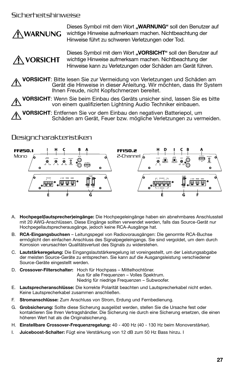 Sicherheitshinweise, Designcharakteristiken | Lightning Audio FF150.2 User Manual | Page 27 / 44