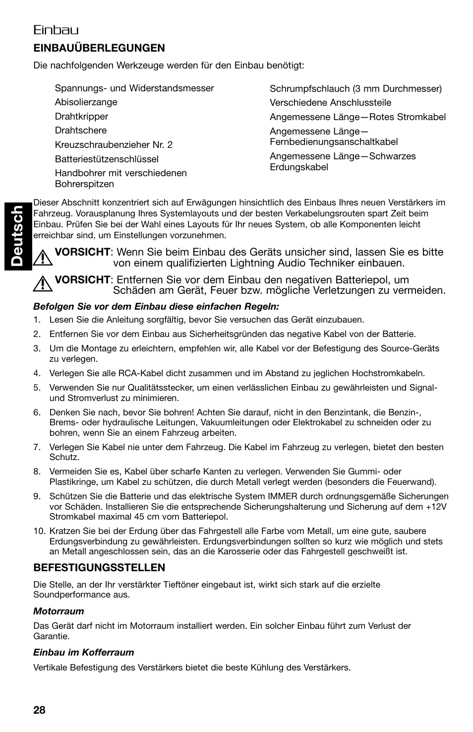 Deutsch, Einbau | Lightning Audio FF150.2 User Manual | Page 28 / 44