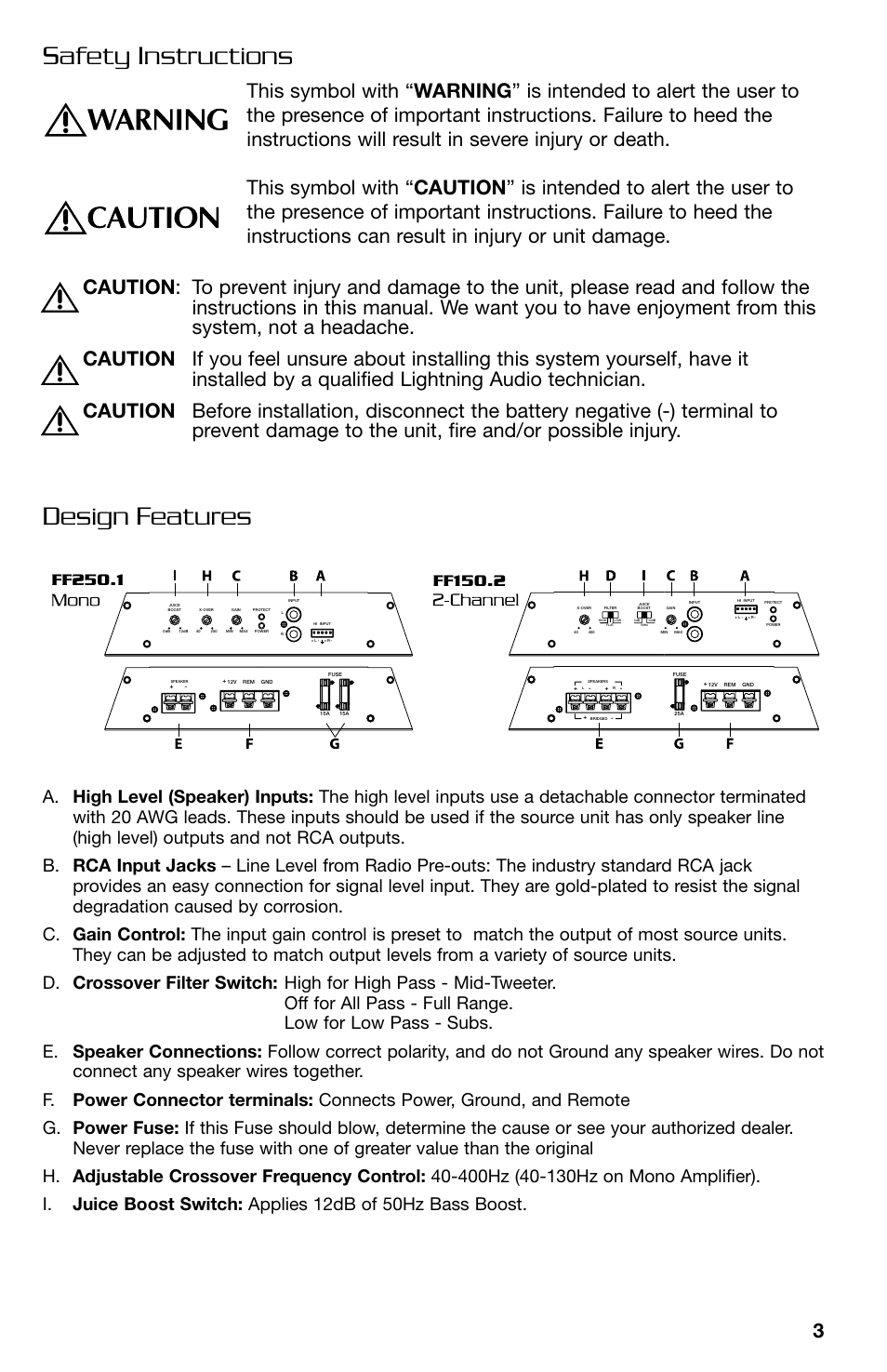 Safety instructions design features | Lightning Audio FF150.2 User Manual | Page 3 / 44