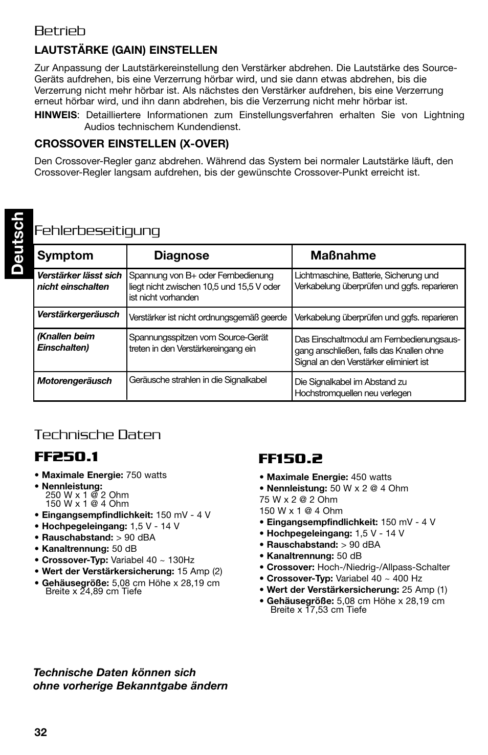 Deutsch, Fehlerbeseitigung betrieb | Lightning Audio FF150.2 User Manual | Page 32 / 44