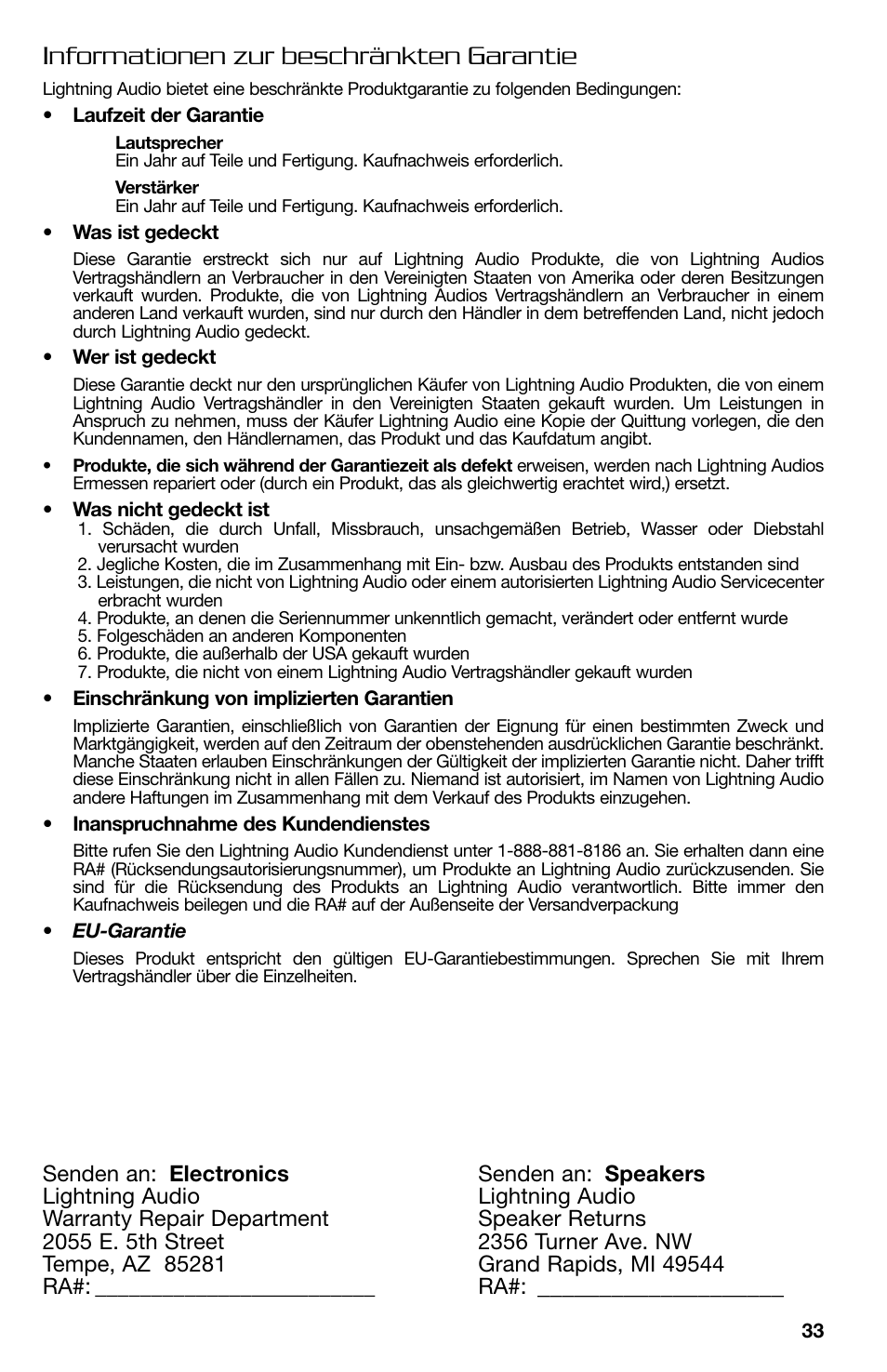 Informationen zur beschränkten garantie | Lightning Audio FF150.2 User Manual | Page 33 / 44