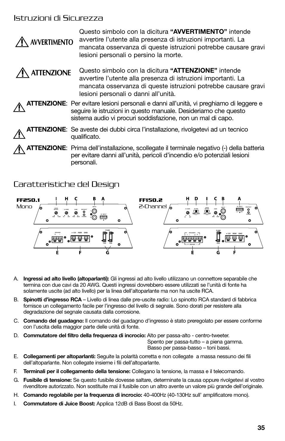 Istruzioni di sicurezza, Caratteristiche del design | Lightning Audio FF150.2 User Manual | Page 35 / 44